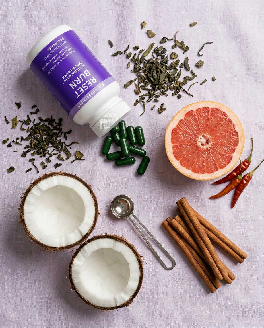 Reset Burn bottle — Flat-lay with artichoke