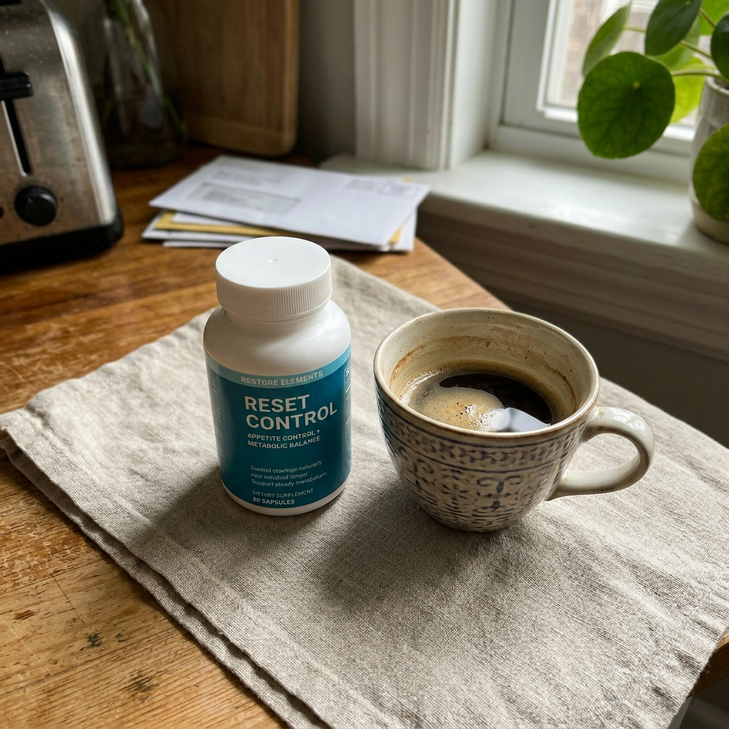 Reset Control bottle — On linen with capsules