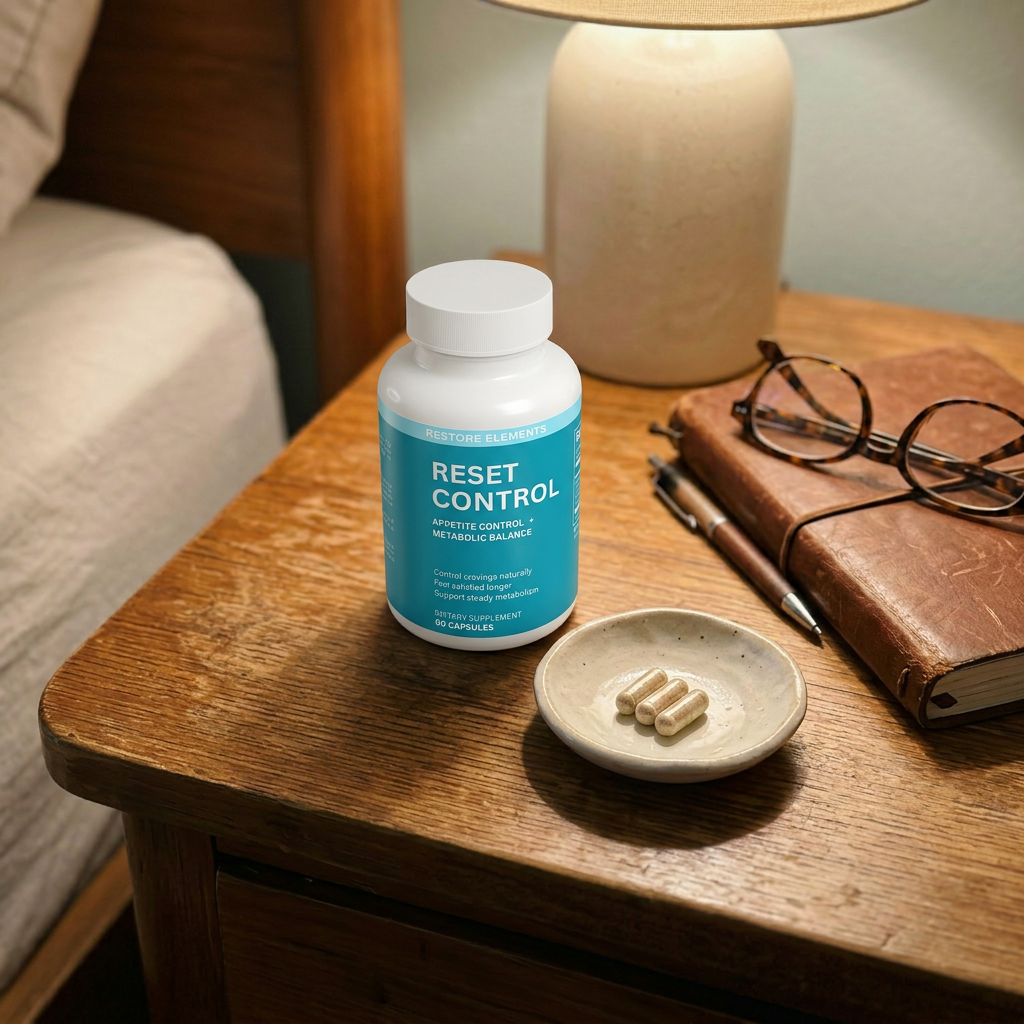 Reset Control bottle — Evening routine flat-lay