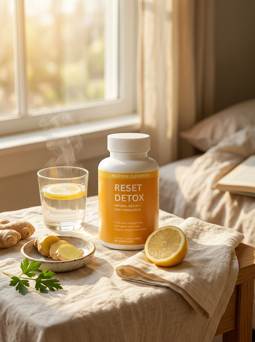 Reset Detox bottle — On linen with apples