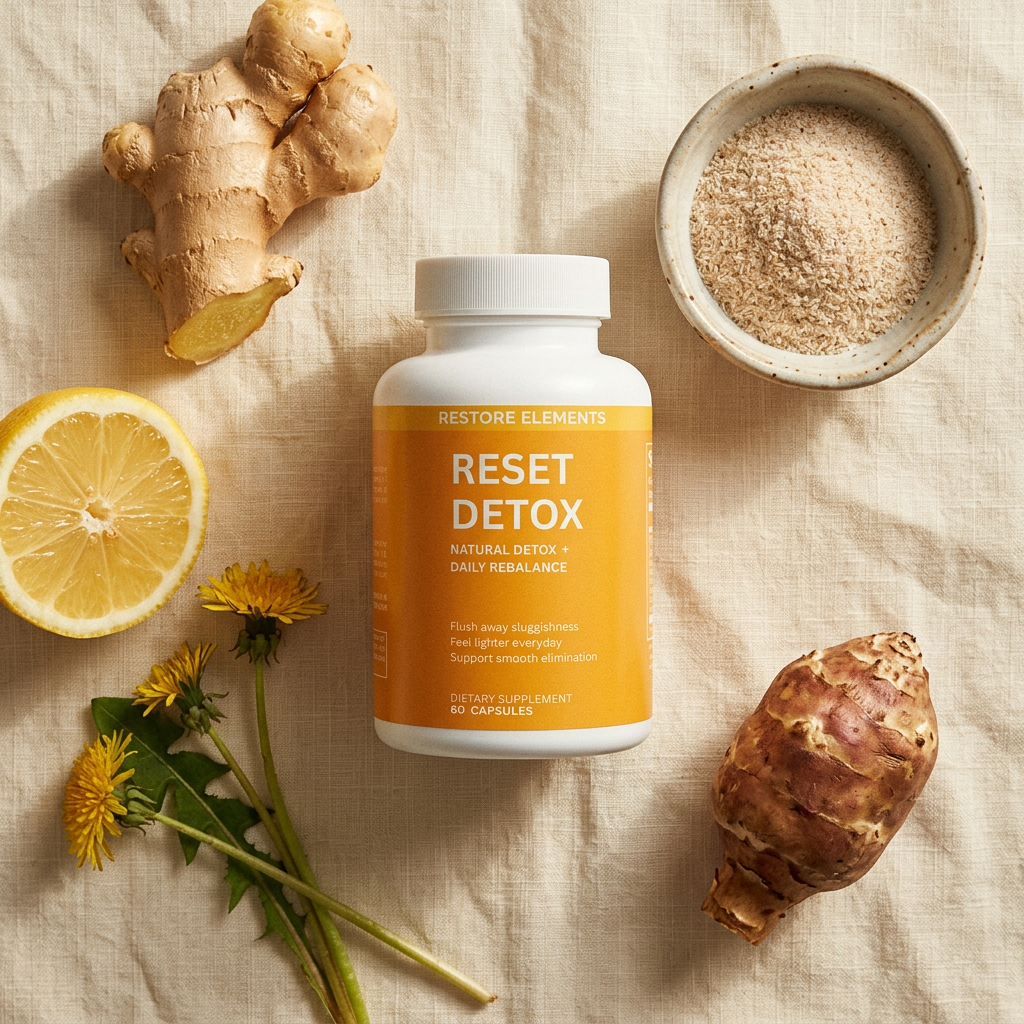 Reset Detox bottle — Flat-lay with artichoke