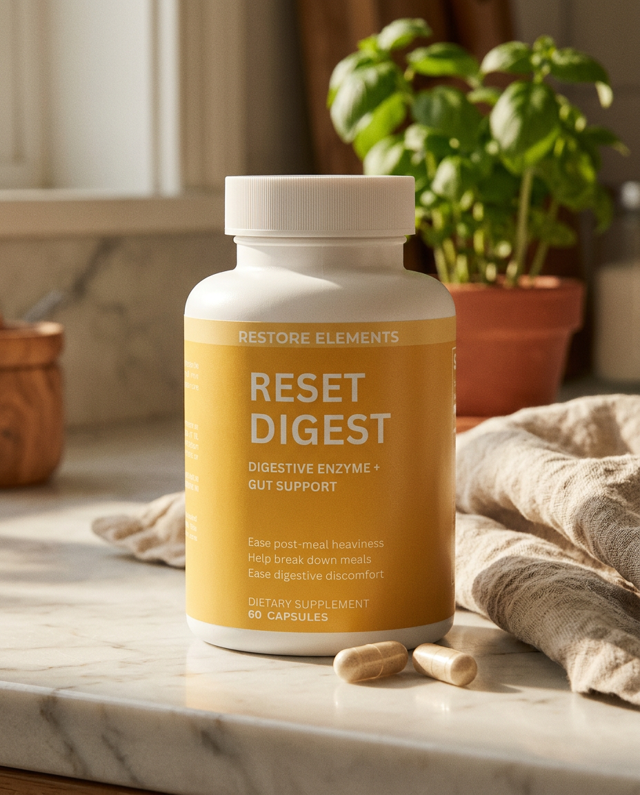 Reset Digest bottle — On linen with capsules