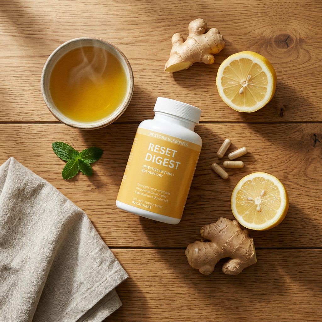 Reset Digest bottle — Evening routine flat-lay