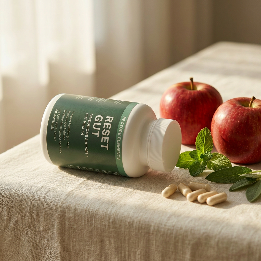 Reset Gut bottle — On linen with apples