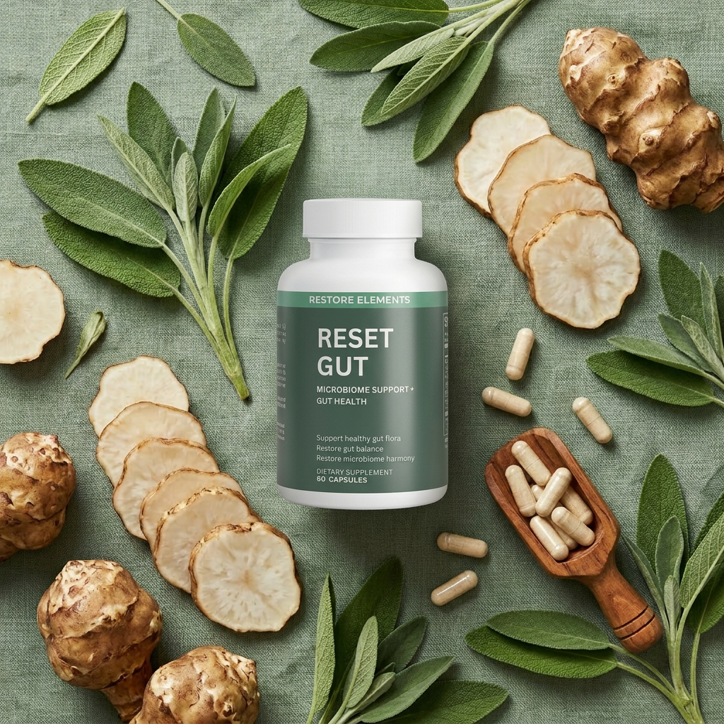 Reset Gut bottle — Flat-lay with artichoke