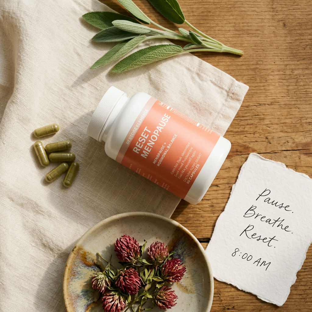 Reset Menopause bottle — Flat-lay with artichoke