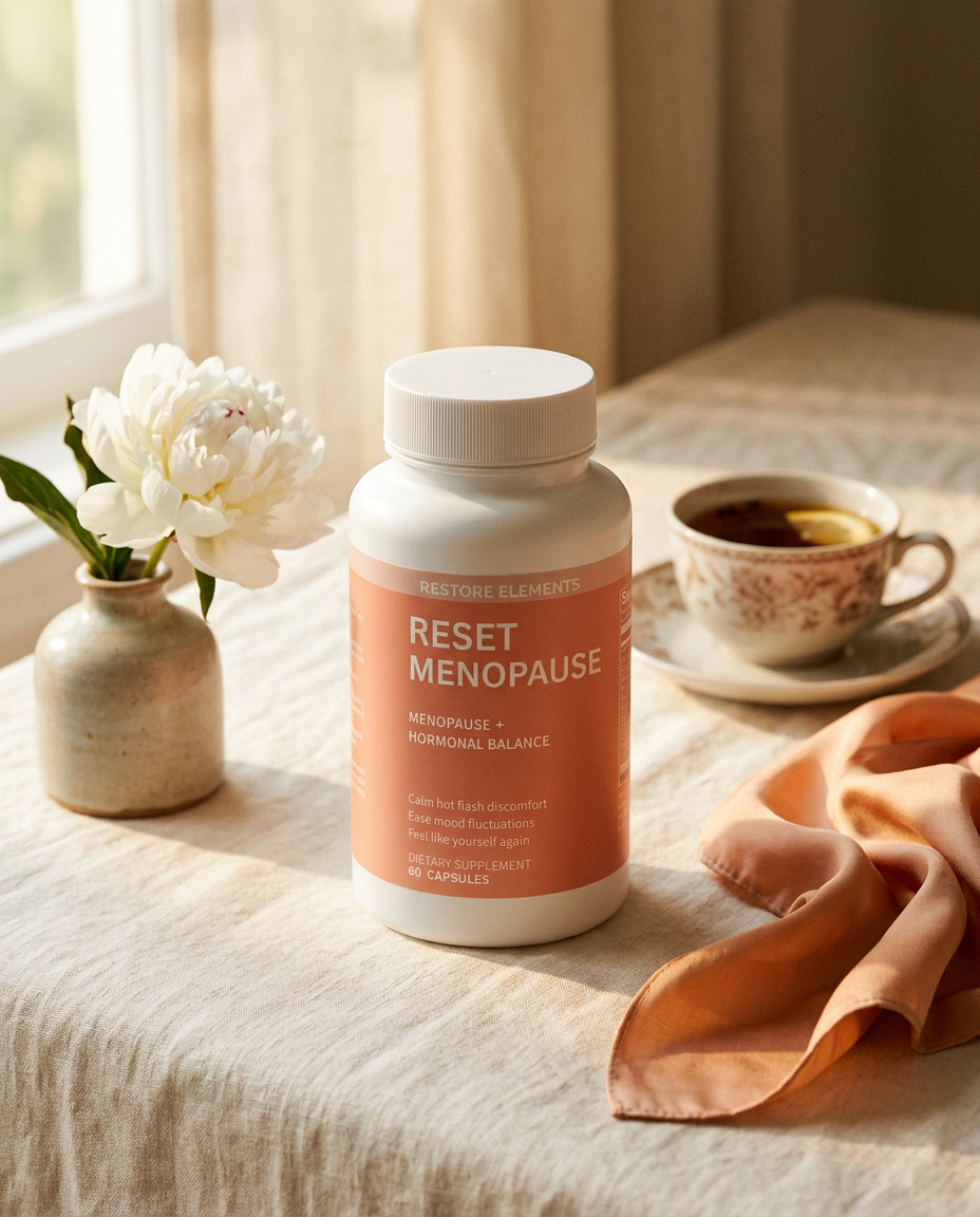 Reset Menopause bottle — On linen with apples