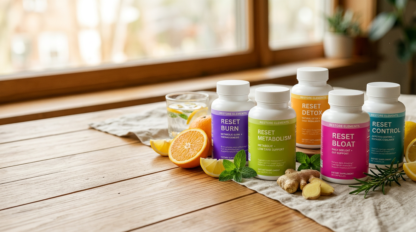 Reset Burn, Metabolism, and Drop bottles on a pale oak counter with citrus and iced green tea in morning light