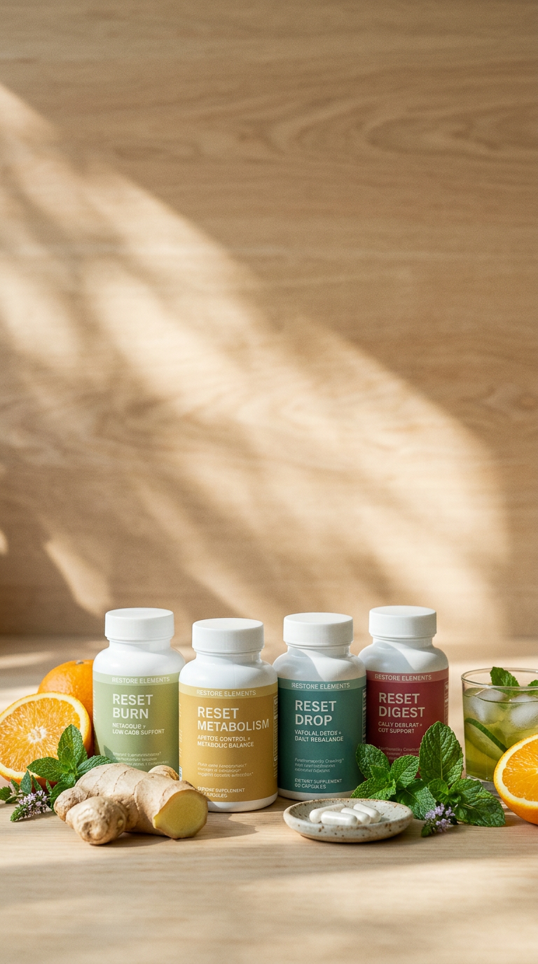 Reset Burn, Metabolism, and Drop bottles on a pale oak counter with citrus and iced green tea in morning light