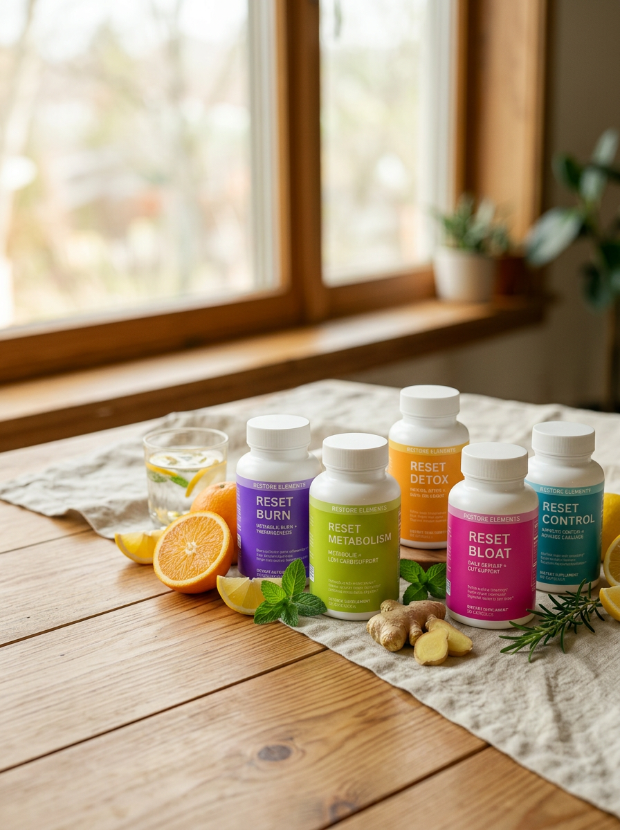 Reset Burn, Metabolism, and Drop bottles on a pale oak counter with citrus and iced green tea in morning light
