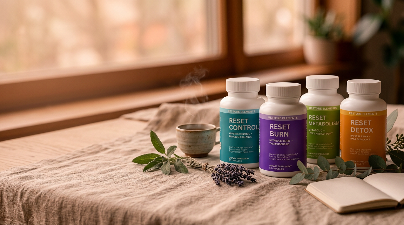 Reset Stress, Passion, and Control on cream linen at golden hour with lavender, rose, and matcha