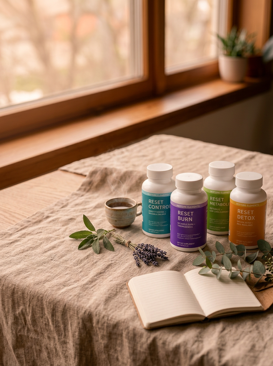Reset Stress, Passion, and Control on cream linen at golden hour with lavender, rose, and matcha