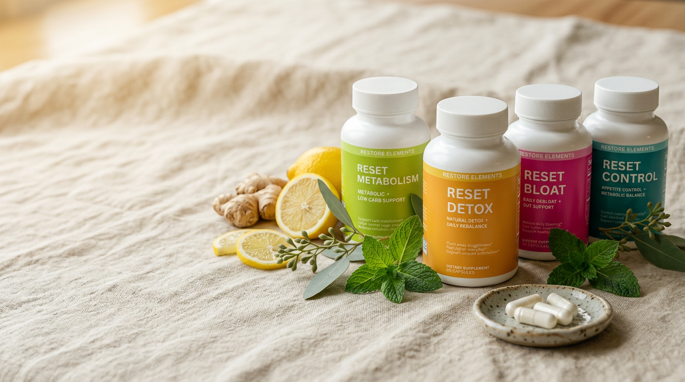 Reset Bloat, Digest, and Gut bottles on a sunlit marble surface with eucalyptus, mint, and cucumber