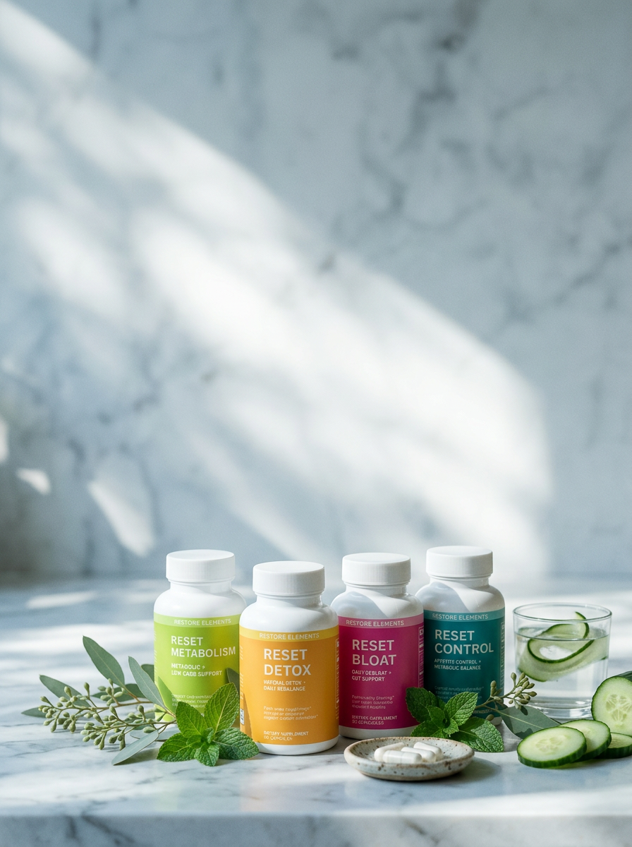 Reset Bloat, Digest, and Gut bottles on a sunlit marble surface with eucalyptus, mint, and cucumber