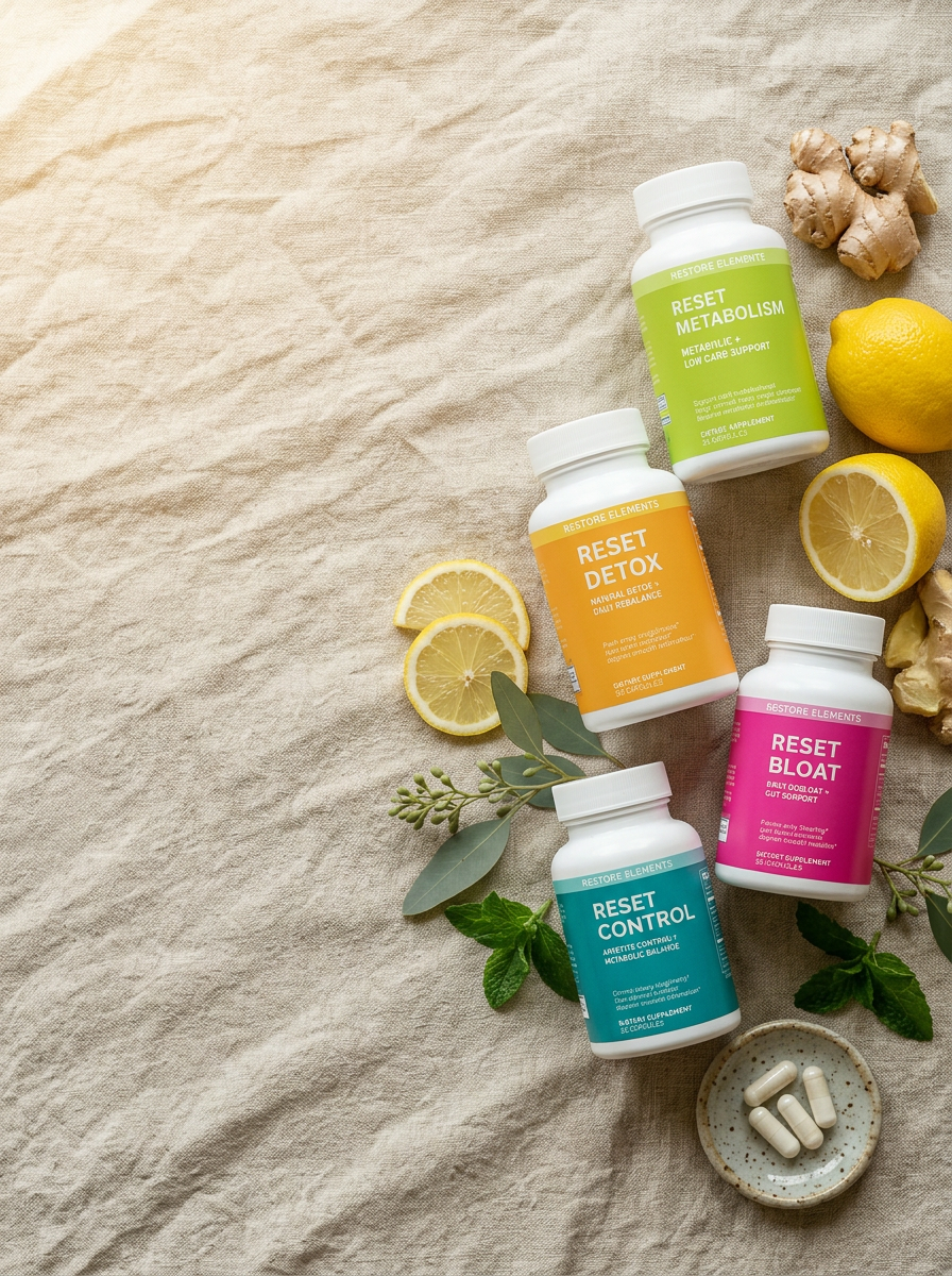 Reset bottles laid flat on sunlit marble — full lineup