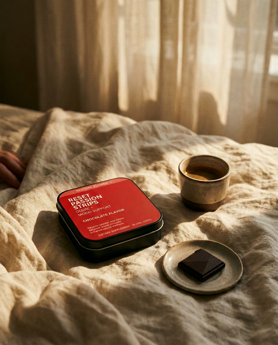 Reset Passion Strips tin open beside an oral strip packet