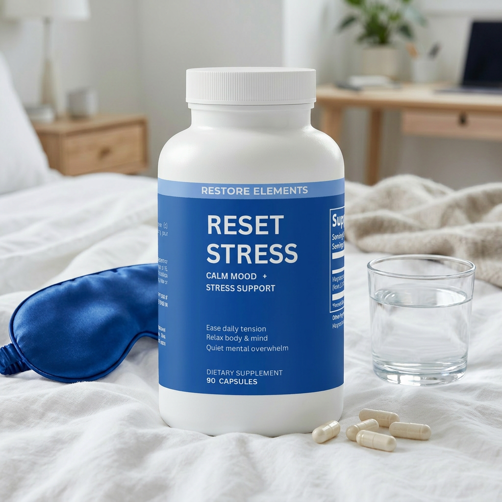 Reset Stress bottle — On linen with capsules