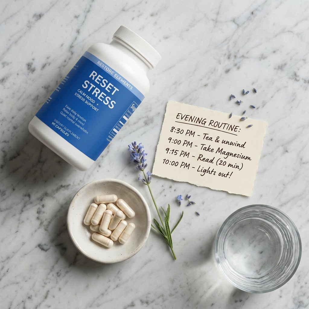 Reset Stress bottle — Evening routine flat-lay